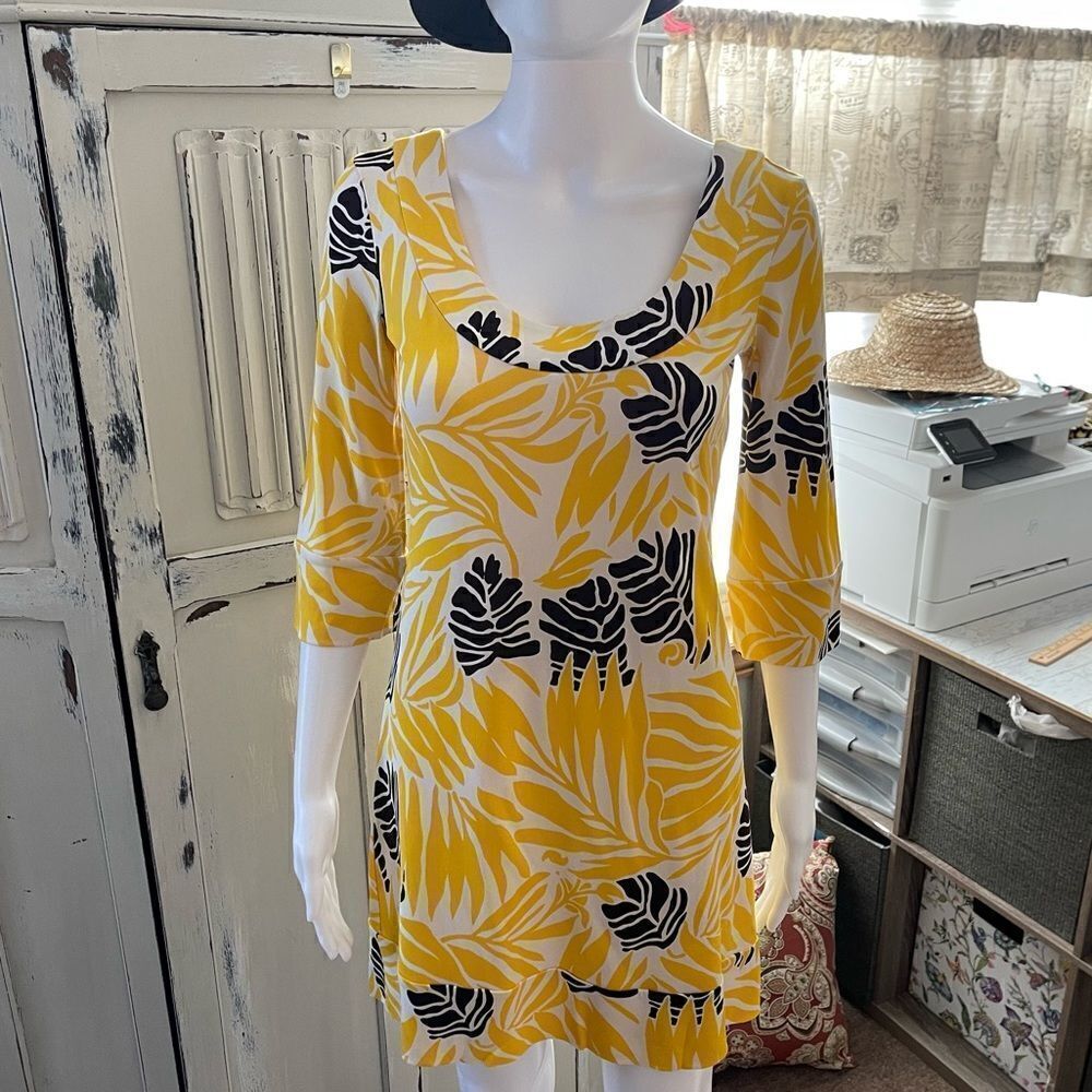 Diane Von Furstenberg Vintage Yellow Scoop Neck Floral Silk Dress Sz 0 - Picture 2 of 15